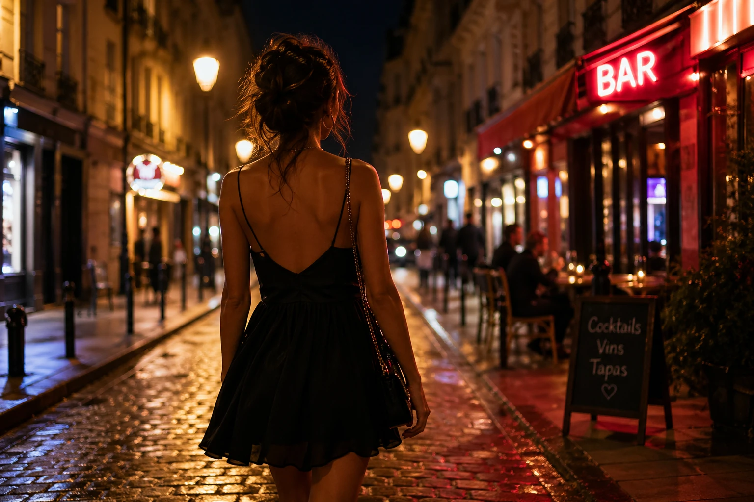 Coup d'un soir. Jeune femme de dos marchant le soir dans une rue éclairée en robe noire, ambiance séduction urbaine.