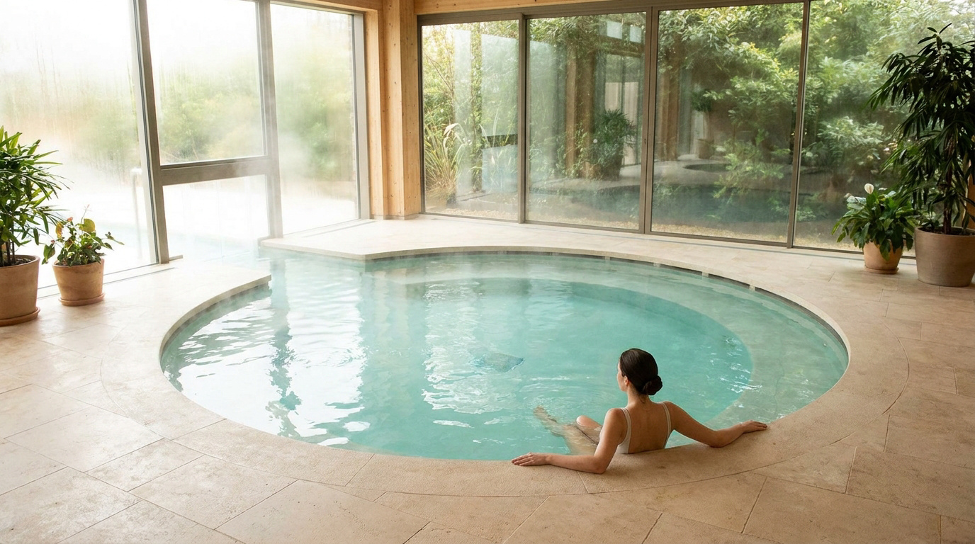 Une femme se détend dans un bassin d'eau chaude dans un spa lumineux avec des plantes et des baies vitrées.