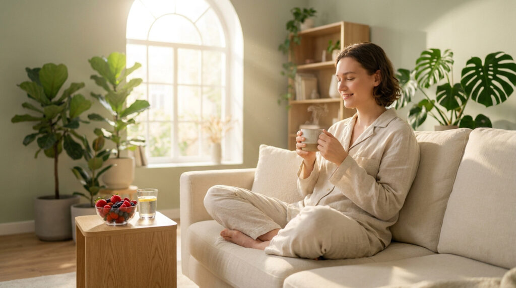 Une femme détendue en pyjama boit une boisson chaude sur un canapé lumineux entouré de plantes.