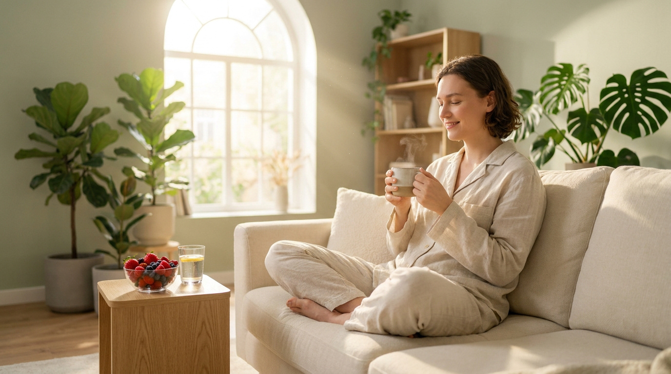 Une femme détendue en pyjama boit une boisson chaude sur un canapé lumineux entouré de plantes.