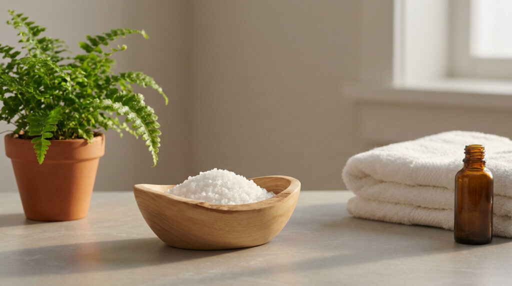 Bol en bois rempli de sel d'Epsom avec une plante, une serviette blanche et une fiole d'huile essentielle.