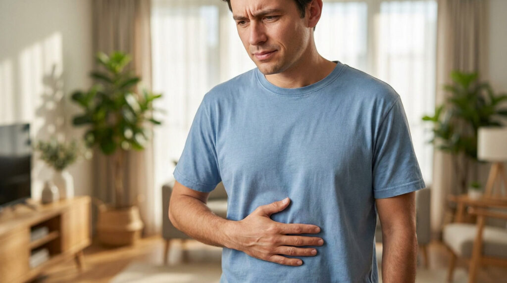 Un homme portant un t-shirt bleu se tient le ventre, exprimant une douleur abdominale dans un salon.