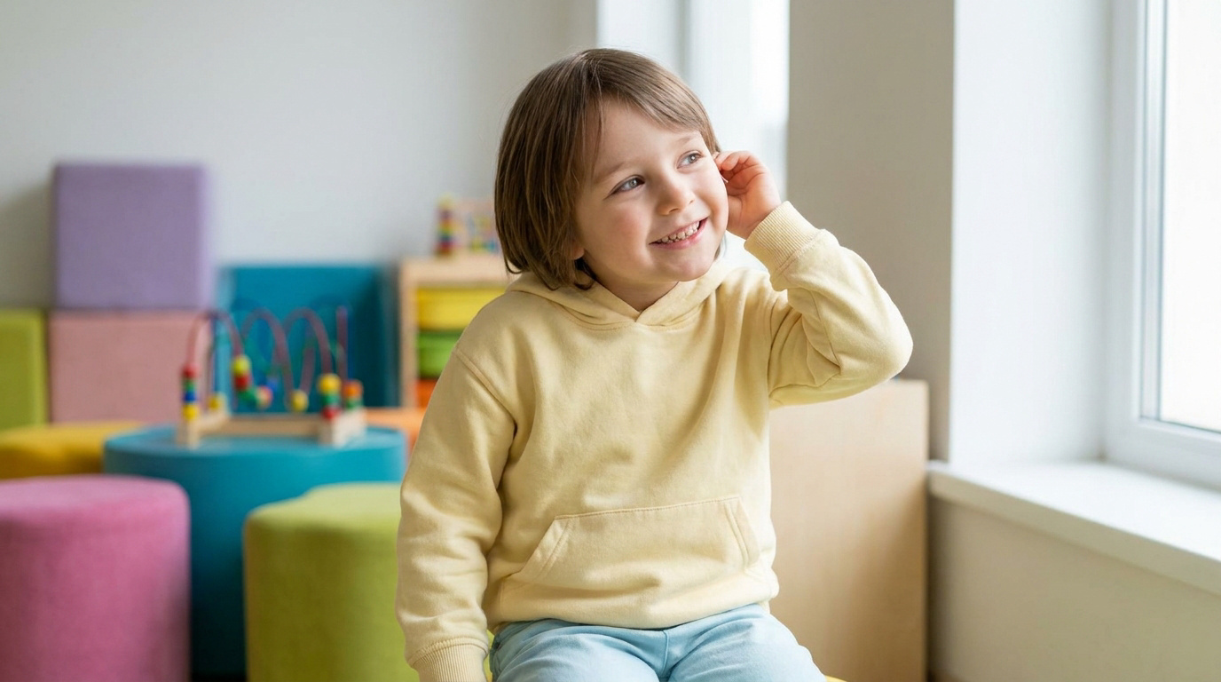 Un jeune enfant souriant portant un sweat-shirt jaune se touche doucement l'oreille dans une salle de jeux colorée.