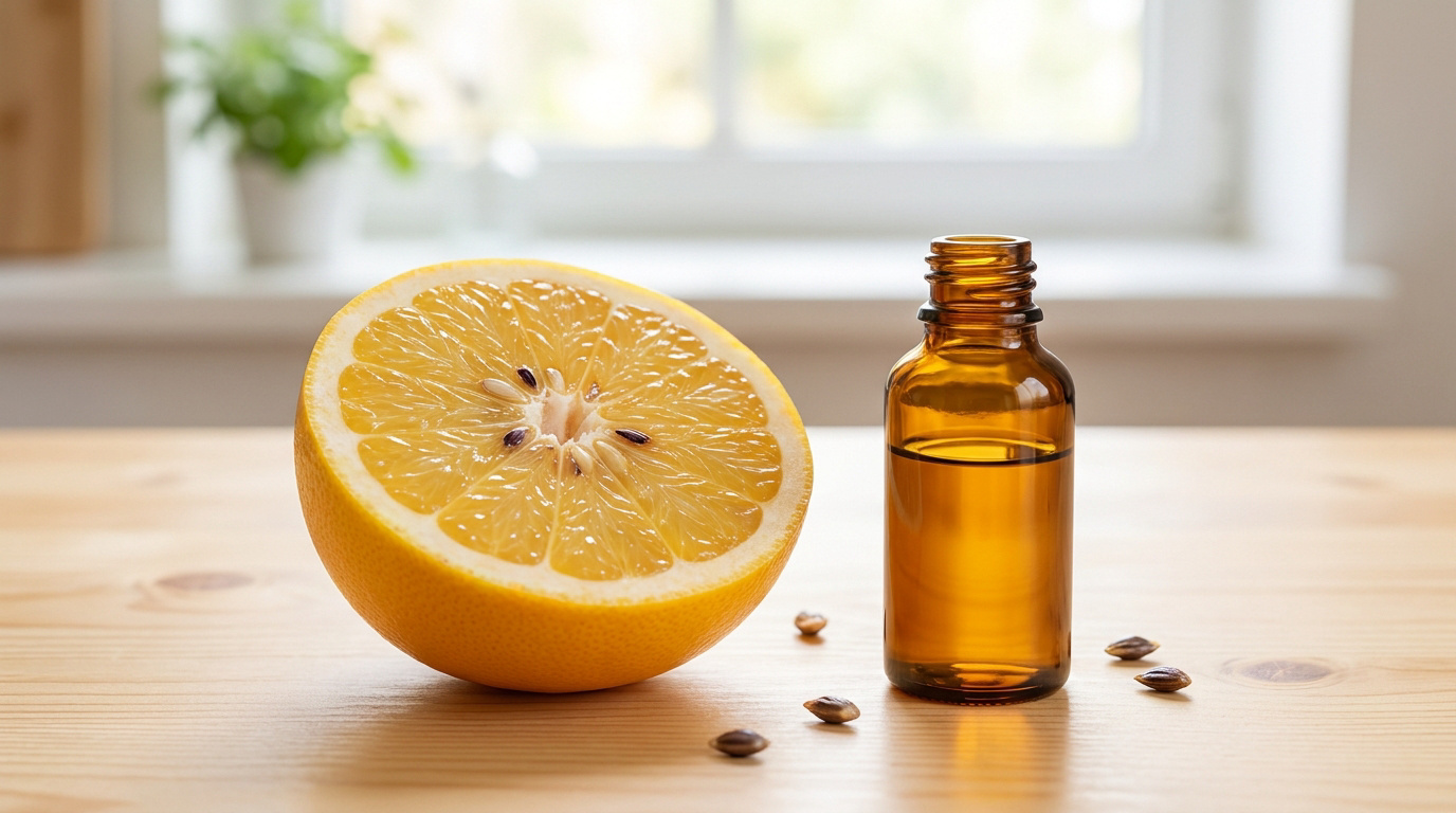 Demi-pamplemousse frais et flacon en verre ambré d'extrait de pépins sur une table en bois clair.