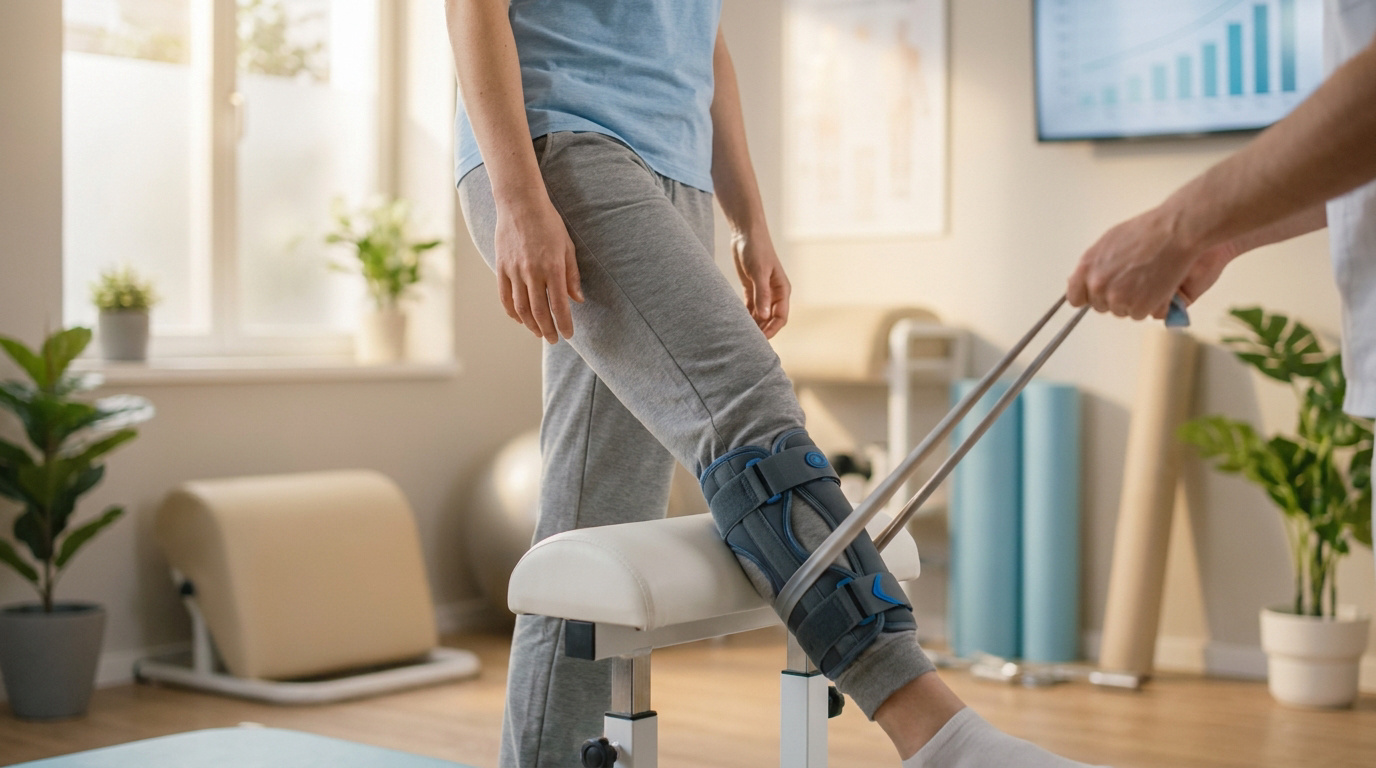 Patient en rééducation avec une attelle de jambe assisté par un kinésithérapeute en cabinet.
