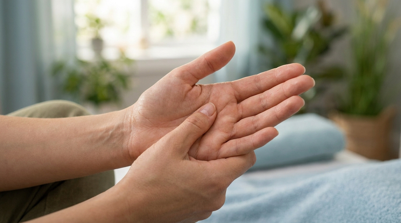 Une personne effectue un automassage relaxant sur la paume de sa main pour soulager les tensions.