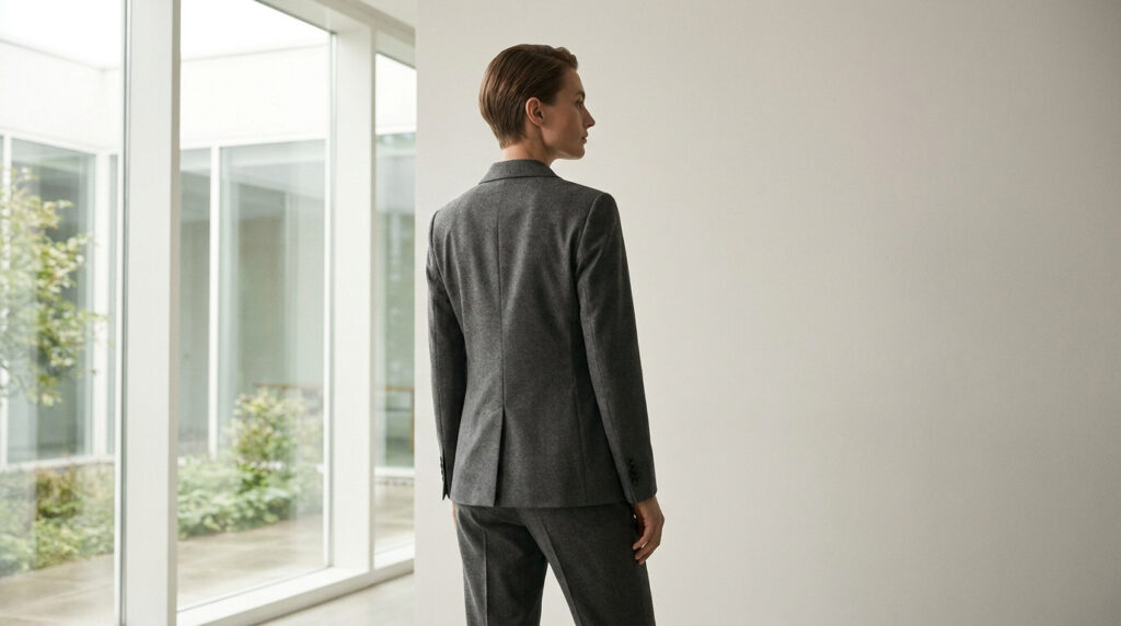 Une femme de dos portant un tailleur gris cintré dans un espace moderne et lumineux.