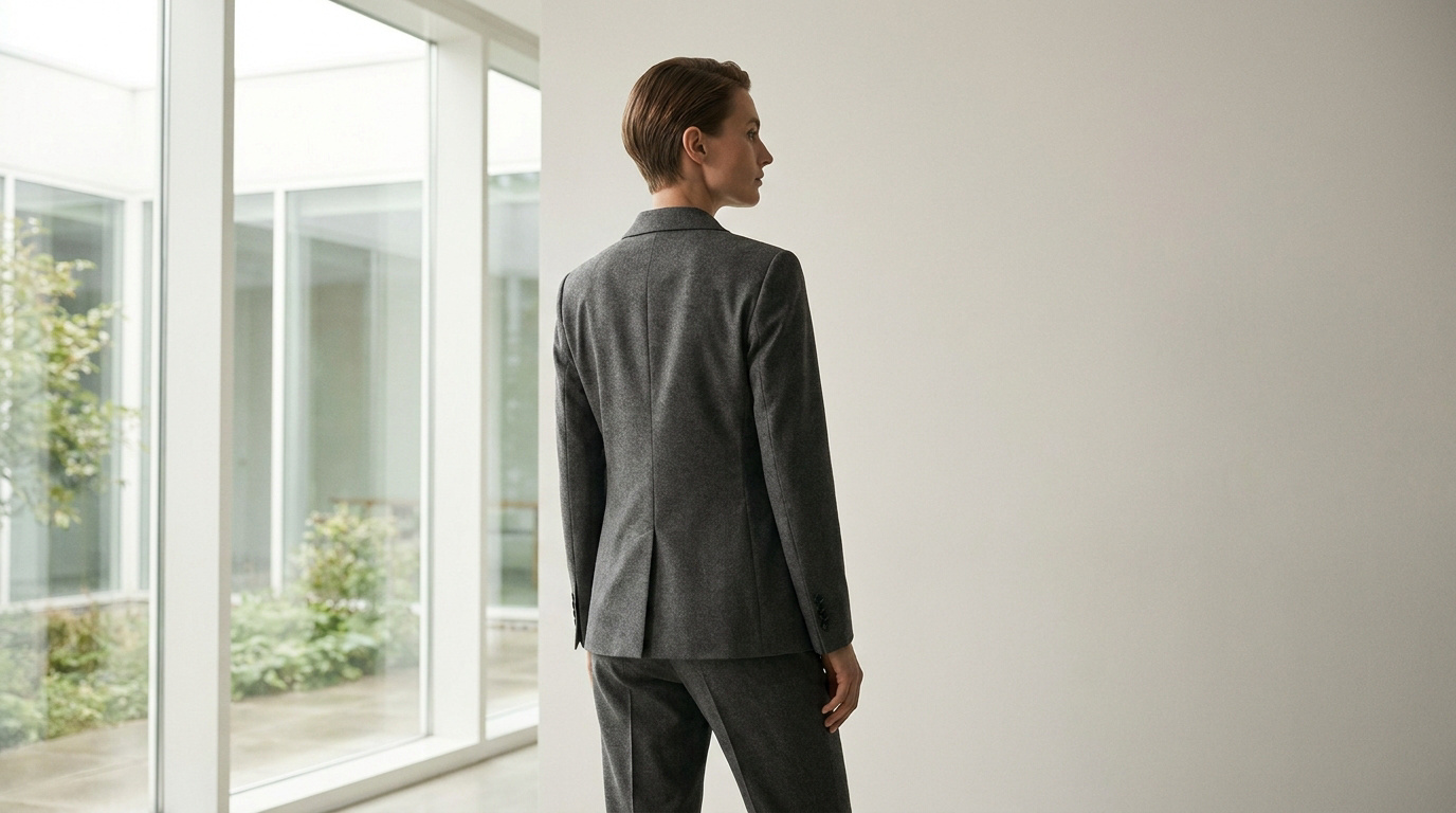 Une femme de dos portant un tailleur gris cintré dans un espace moderne et lumineux.