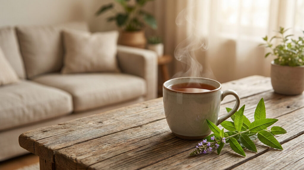 Une tasse fumante de verveine posée sur une table en bois rustique avec des feuilles fraîches à côté.