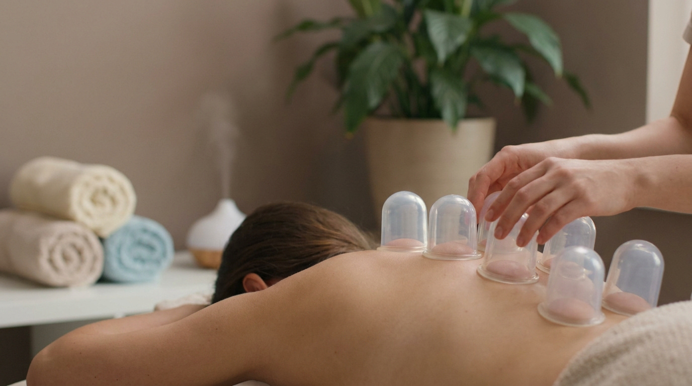 Une personne reçoit un traitement de hijama avec des ventouses posées sur le dos dans un spa relaxant.
