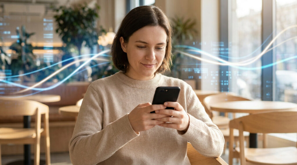 Une femme souriante utilisant son smartphone dans un café avec des effets graphiques de flux de données numériques.